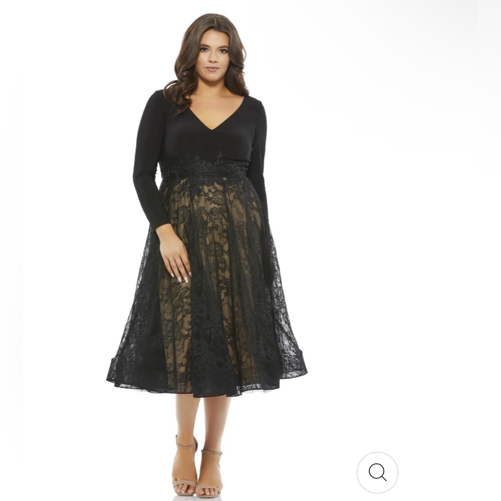 Mac Duggal 67897 LONG SLEEVE JERSEY LACE COCKTAIL DRESS 14 W Black Plus